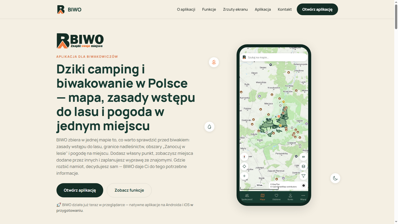 Aplikacja webowa BIWO — mapa dla biwakowiczów — realizacja Kodozaur